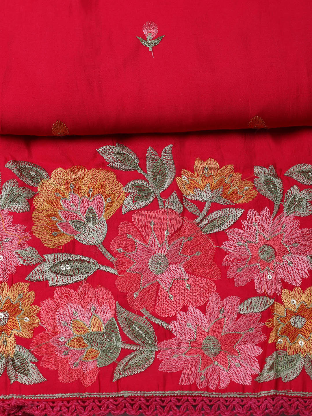 Embroidered Chanderi Unstitched Suit With Pant &amp; Dupatta