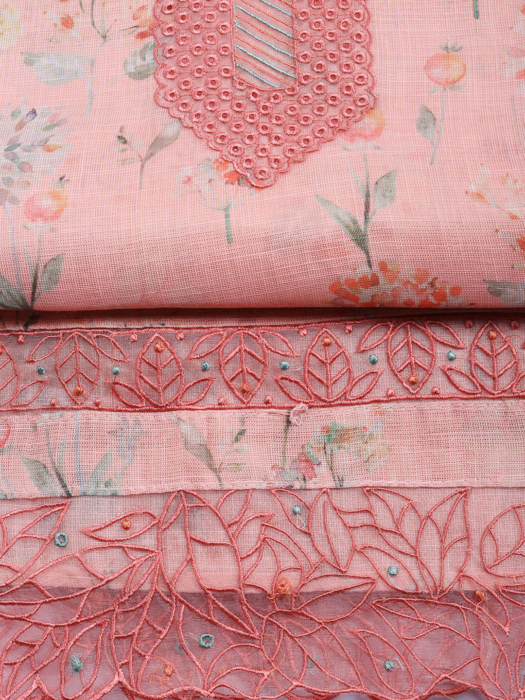 Printed Linen Blend Unstitched Suit With Pant &amp; Dupatta