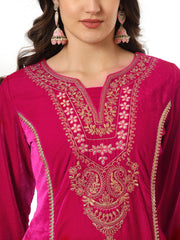 Zari Neck Embroidered Velvet Kurta With Pants & Dupatta