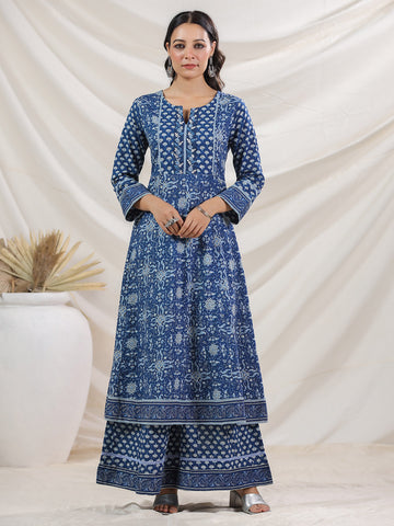 Floral Printed Cotton Blend Kurta With Palazzo & Dupatta