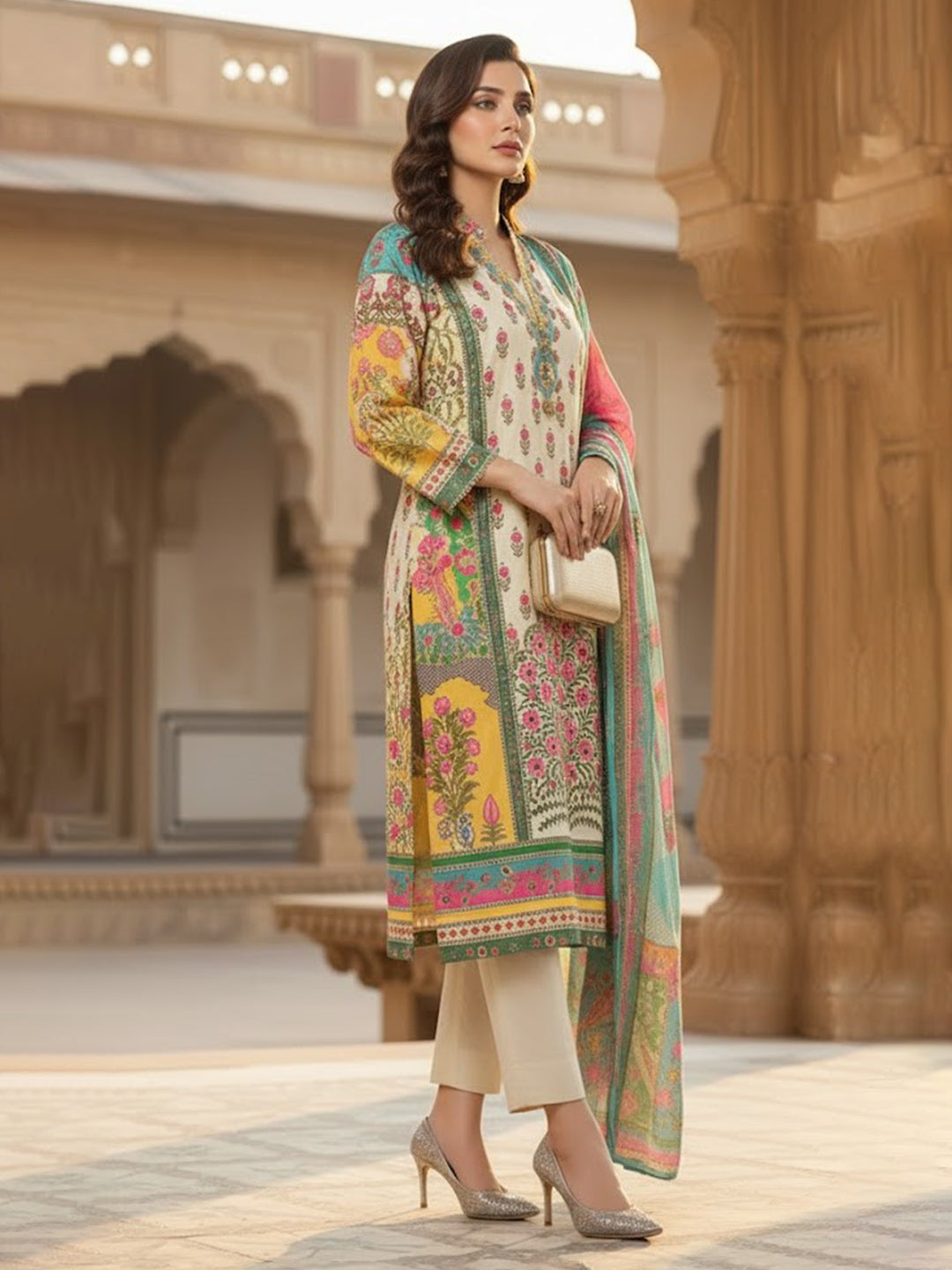 Printed Cotton Kurta With Pant &amp; Dupatta