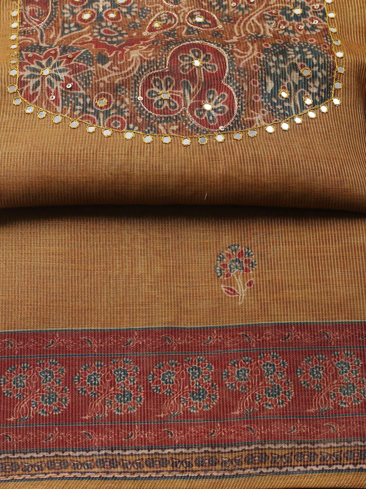 Embroidered Chanderi Unstitched Suit With Pant &amp; Dupatta