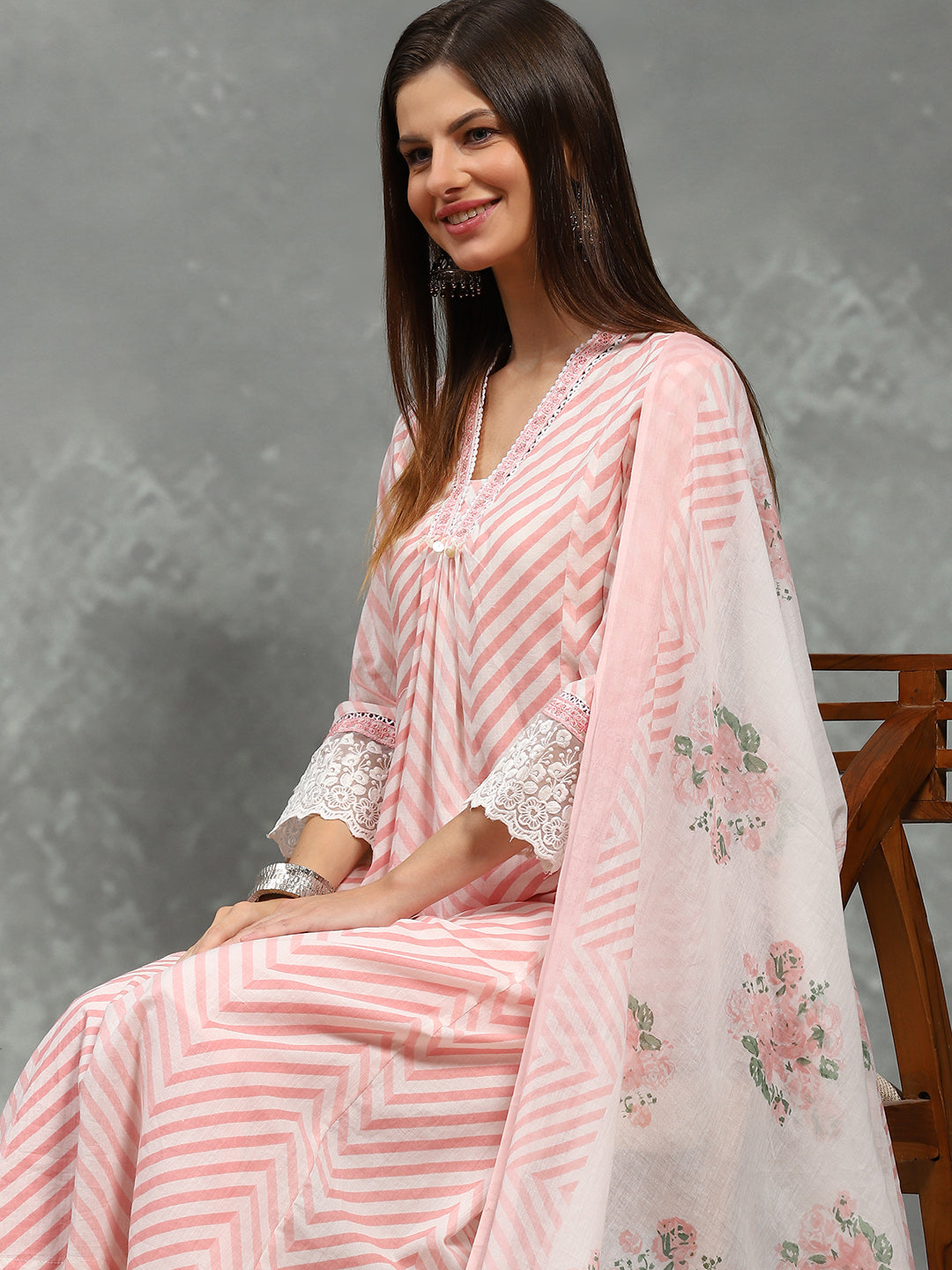 Printed Cotton Blend Kurta With Pants & Dupatta