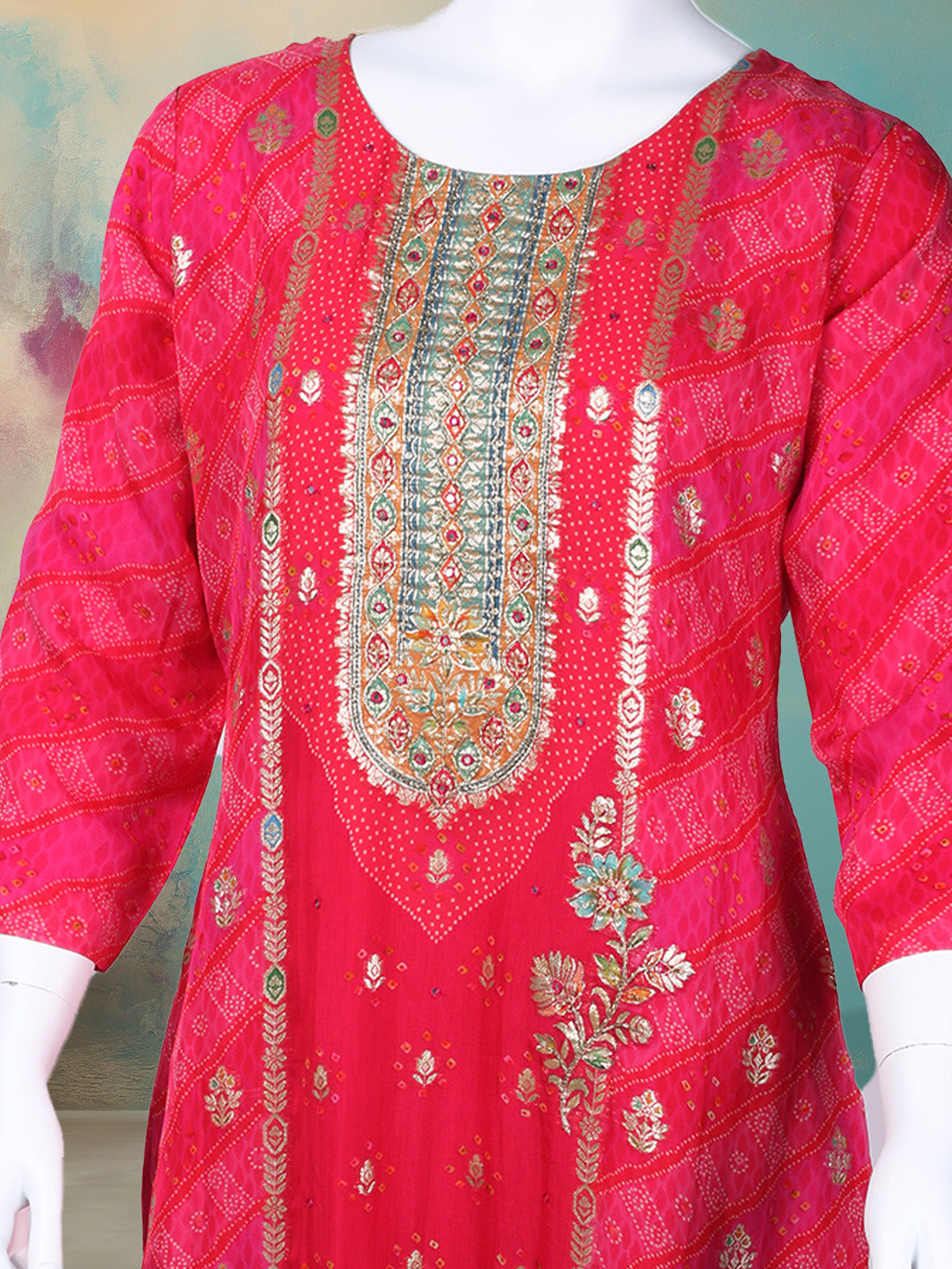 Bandhani Printed Organza Kurta With Pants & Dupatta