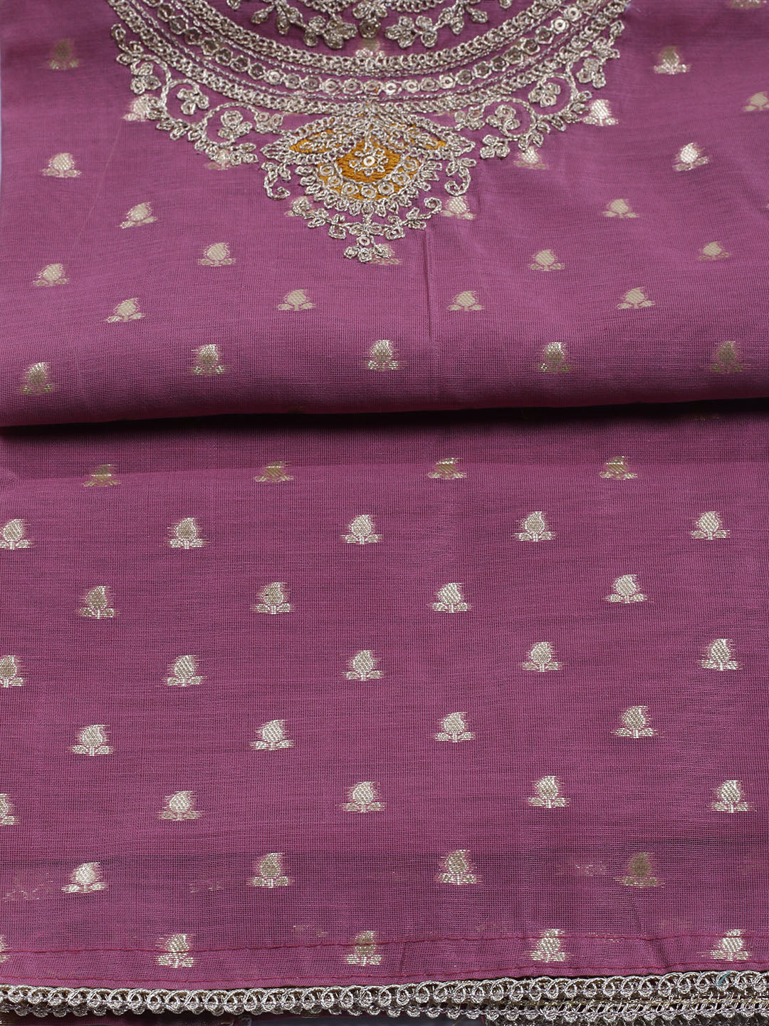 Neck Embroidered Chanderi Unstitched Suit With Dupatta