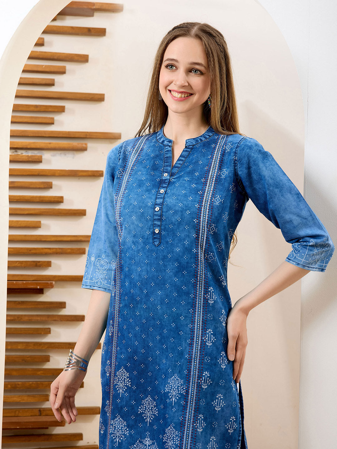 Neck Embroidered Denim Kurta