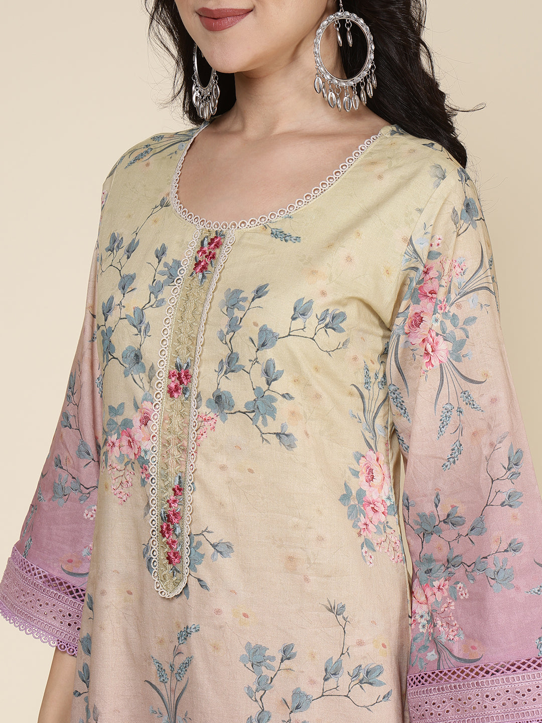 Printed Cotton Blend Kurta With Pants & Dupatta