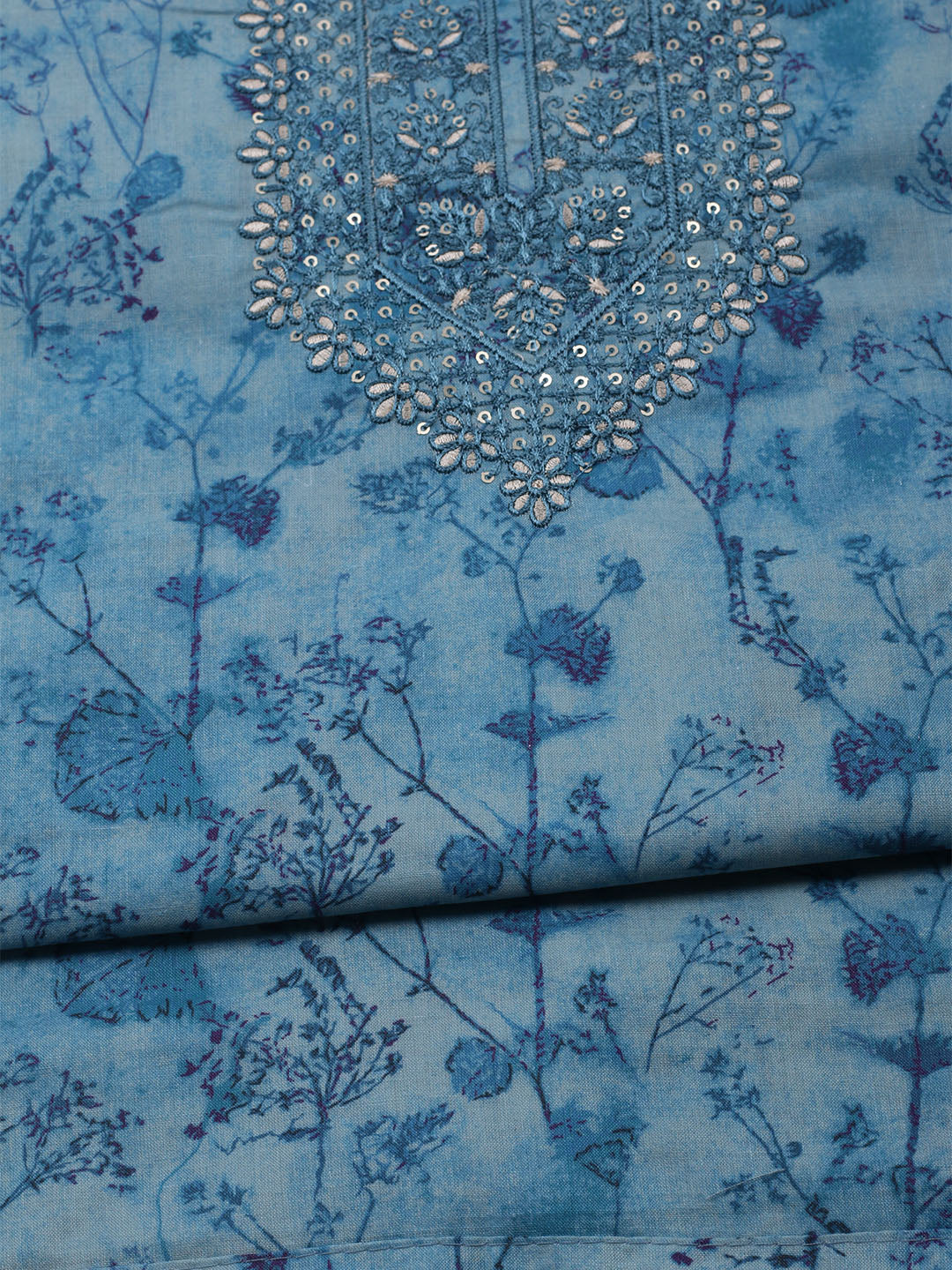 Embroidered Cotton Blend Unstitched Kurta With Pant & Dupatta