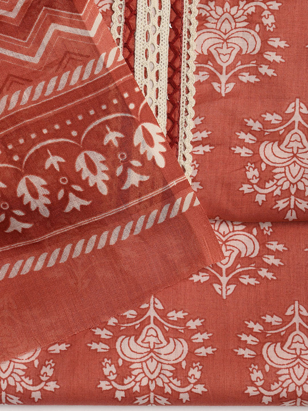 Patch Neck Cotton Blend Unstitched Suit With Dupatta