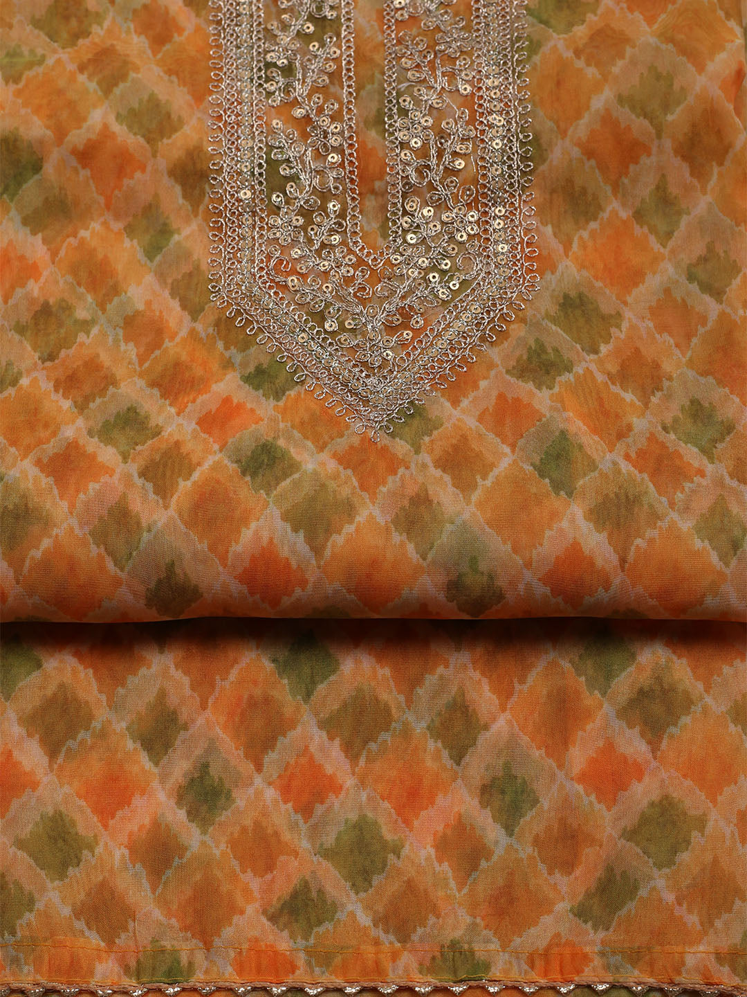 Neck Embroidered &amp; Printed Organza Unstitched Suit With Dupatta
