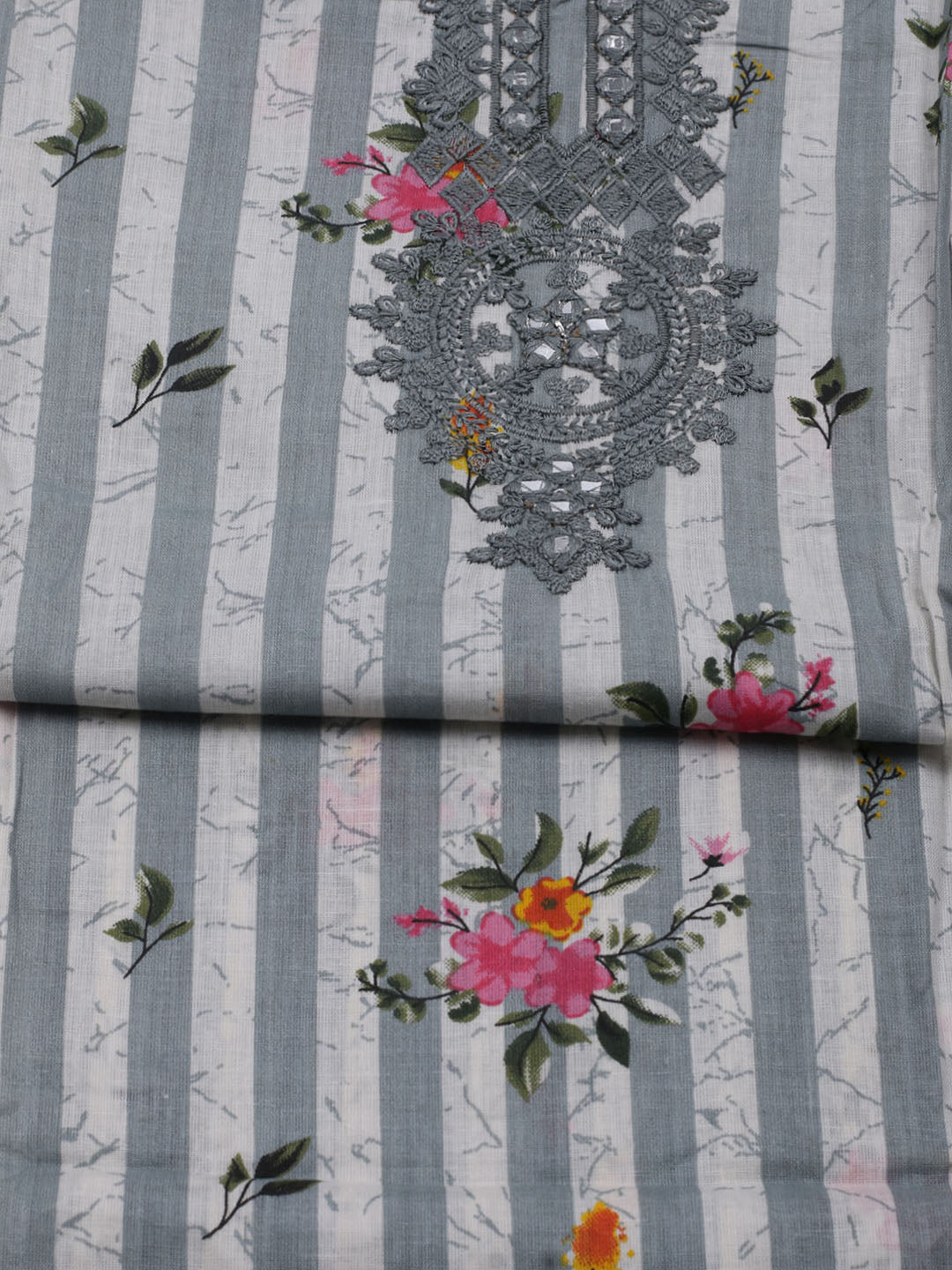 Patch Neck Cotton Blend Unstitched Suit With Dupatta