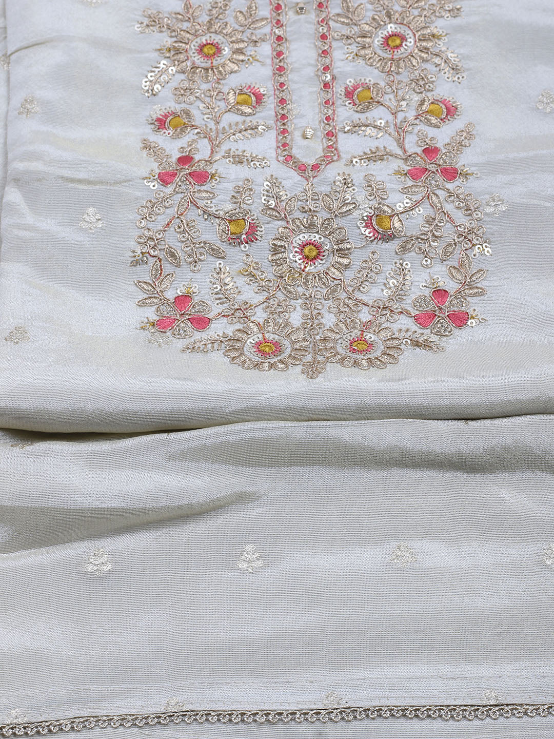 Neck Embroidered Chanderi Unstitched Suit With Dupatta