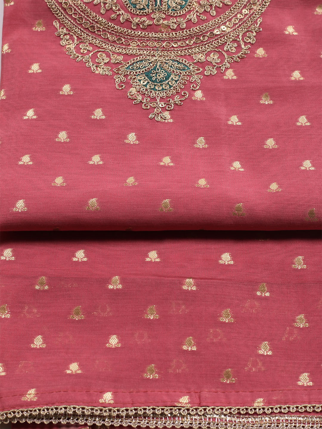 Neck Embroidered Chanderi Unstitched Suit With Dupatta