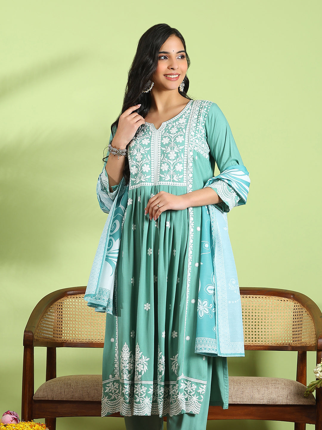 Embroidered Cotton Kurta With Pant &amp; Dupatta