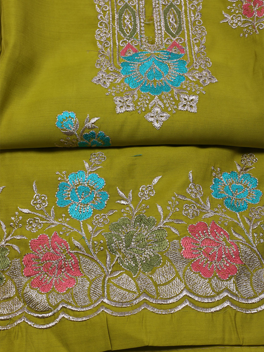 Embroidered Chanderi Unstitched Suit With Dupatta