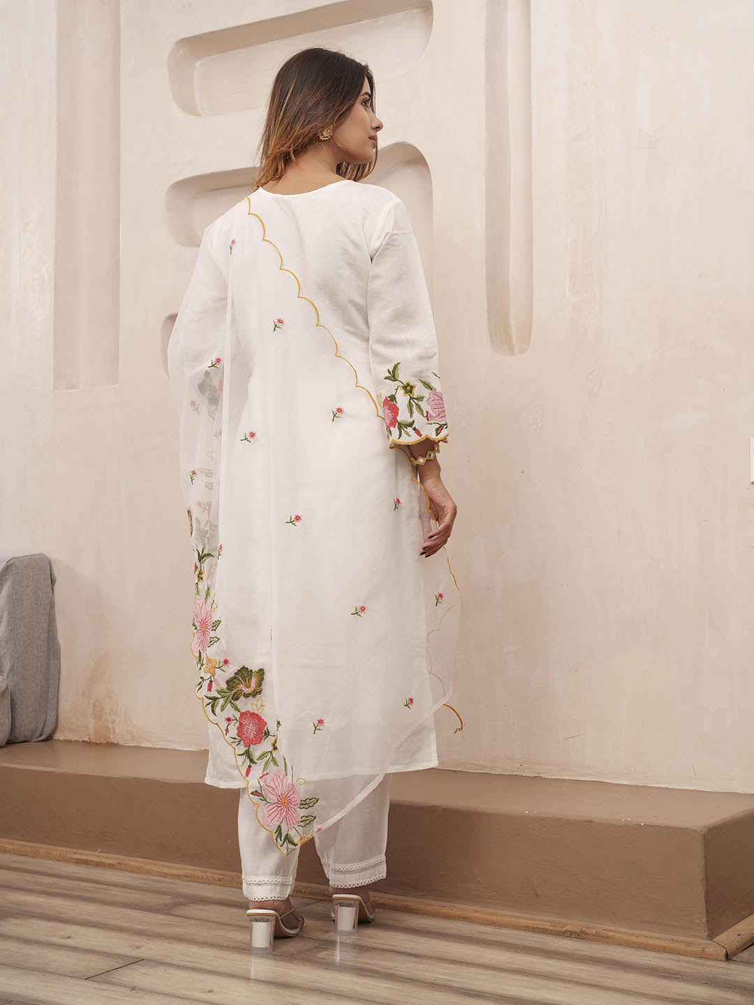 Embroidered Cotton Blend Kurta With Pants &amp; Dupatta