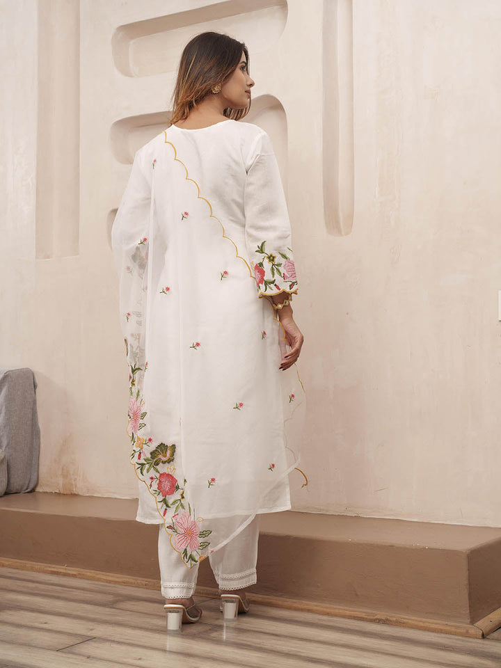 Embroidered Cotton Blend Kurta With Pants &amp; Dupatta