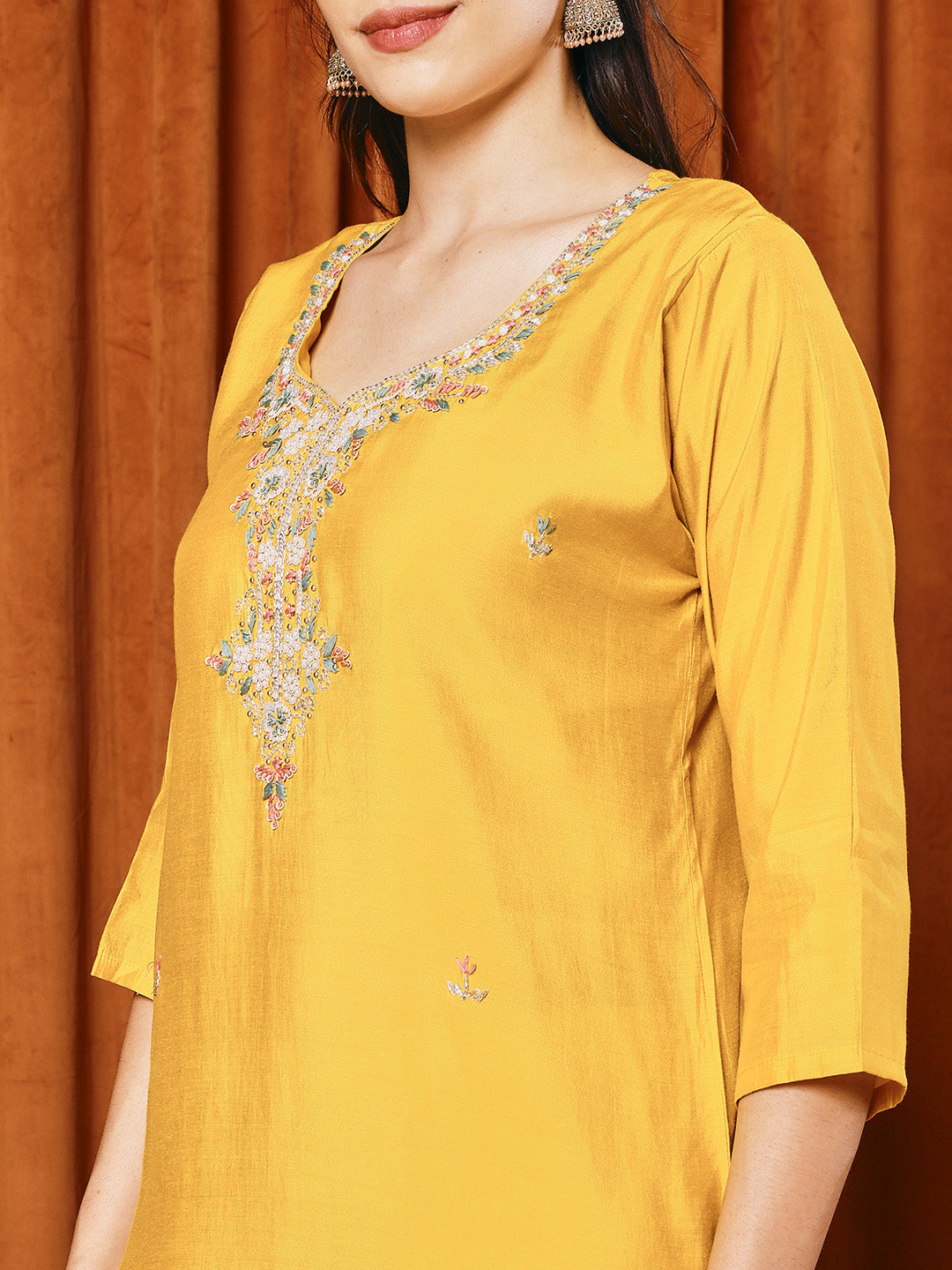 Embroidered Cotton Blend Kurta With Pants &amp; Dupatta