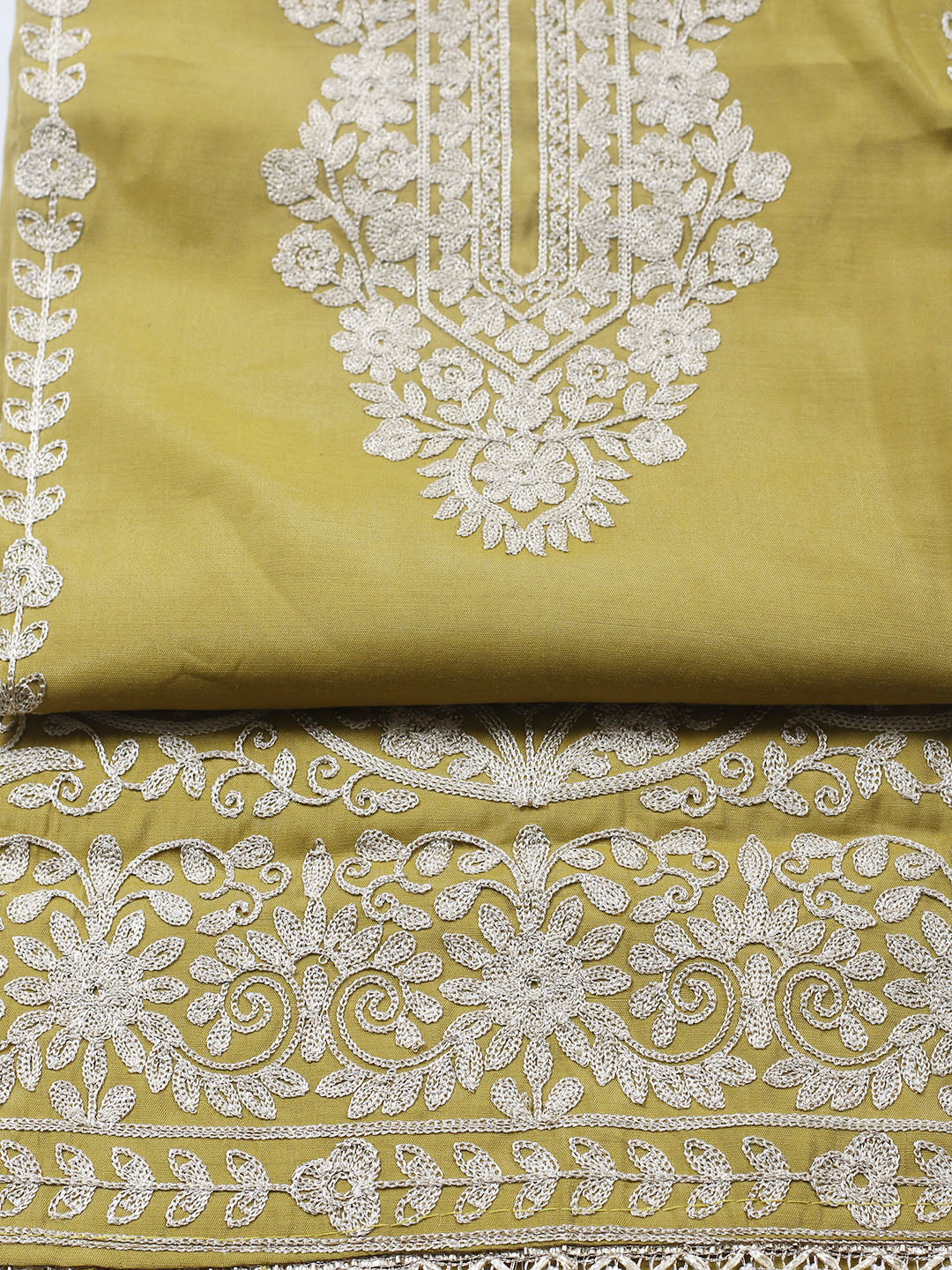 Embroidered Chanderi Unstitched Suit With Pant &amp; Dupatta