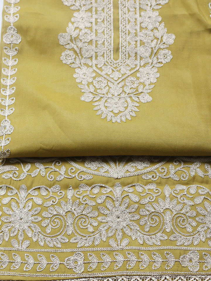 Embroidered Chanderi Unstitched Suit With Pant &amp; Dupatta