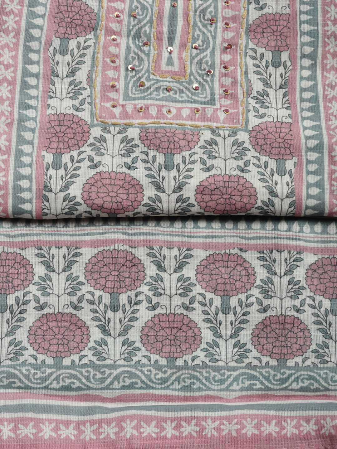 Printed Linen Blend Unstitched Suit With Pant &amp; Dupatta