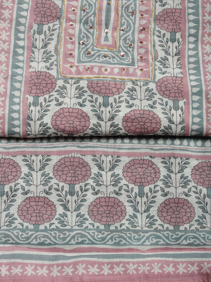 Printed Linen Blend Unstitched Suit With Pant &amp; Dupatta