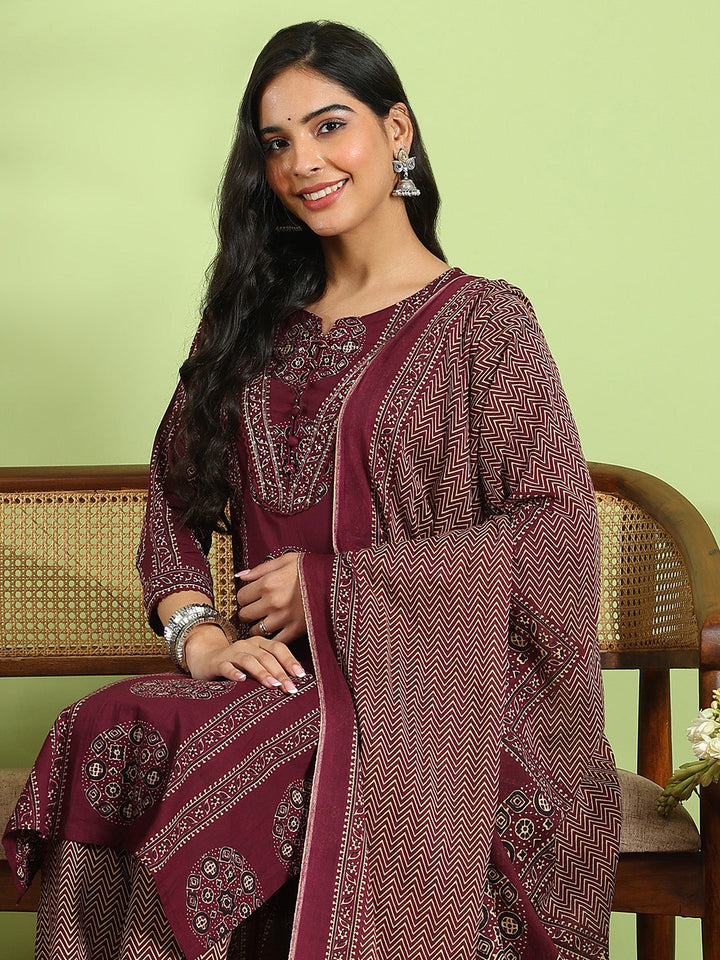 Printed Cotton Kurta With Pant &amp; Dupatta