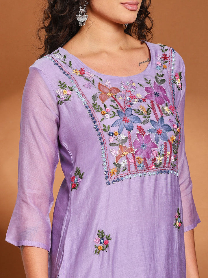 Embroidered Cotton Blend Kurta With Pant &amp; Dupatta