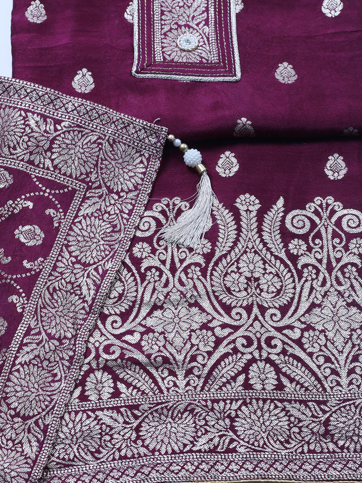 Embroidered Chanderi Unstitched Suit With Pant &amp; Dupatta