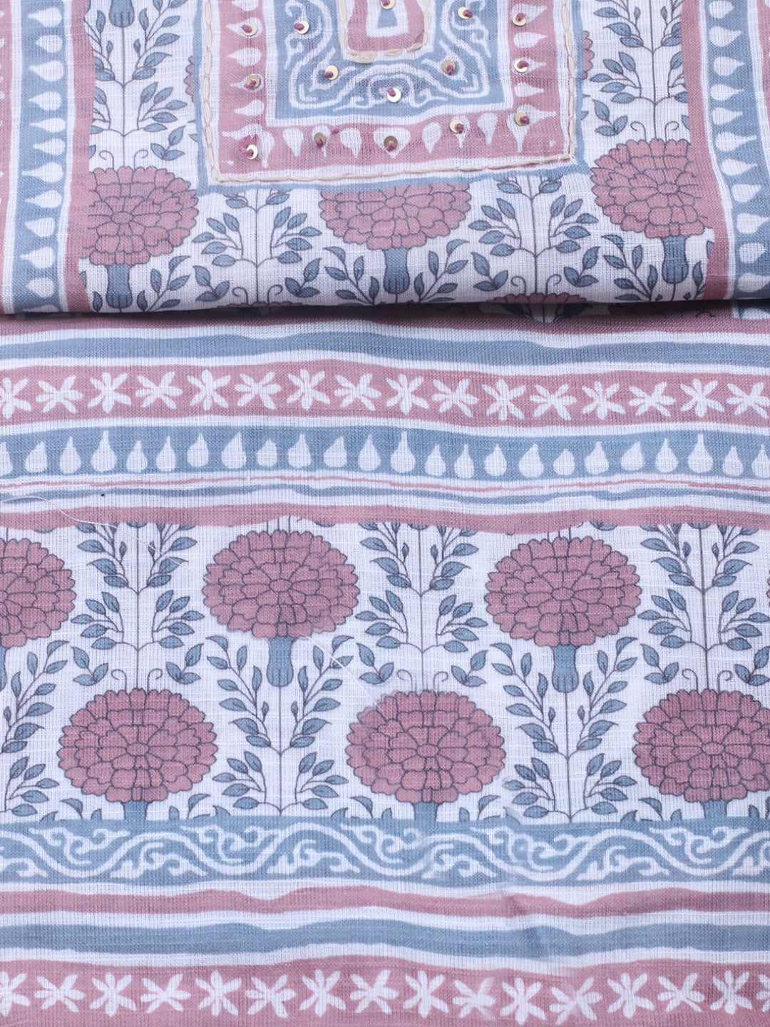Printed Linen Blend Unstitched Suit With Pant &amp; Dupatta