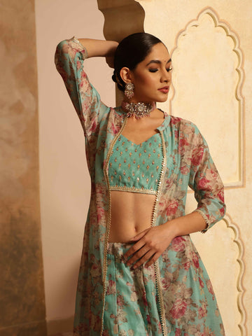 Floral Printed Chanderi Choli With Skirt & Jacket