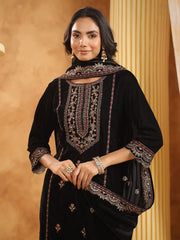 Neck Zari Embroidered Velvet Kurta With Pants & Dupatta