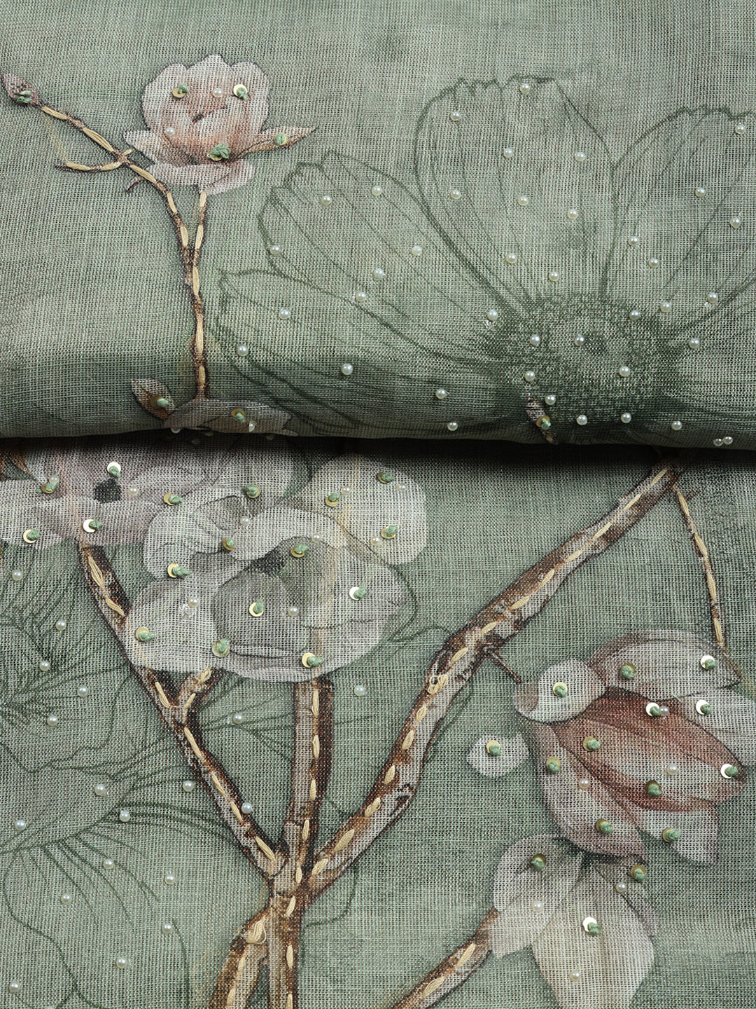 Printed Linen Blend Unstitched Suit With Pant &amp; Dupatta