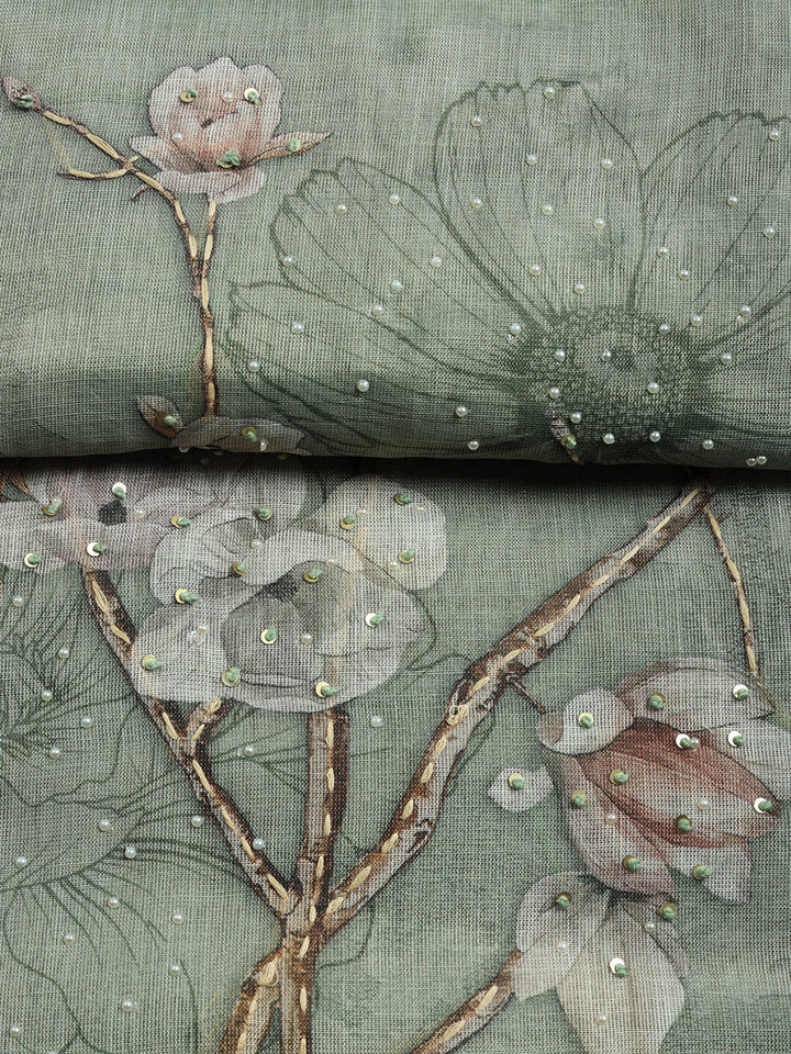 Printed Linen Blend Unstitched Suit With Pant &amp; Dupatta