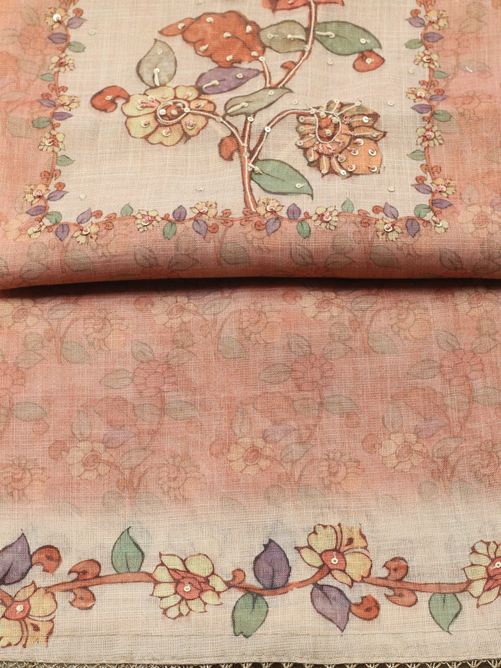 Printed Linen Blend Unstitched Suit With Pant &amp; Dupatta