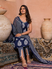 Printed Cotton Kurta With Pants & Dupatta