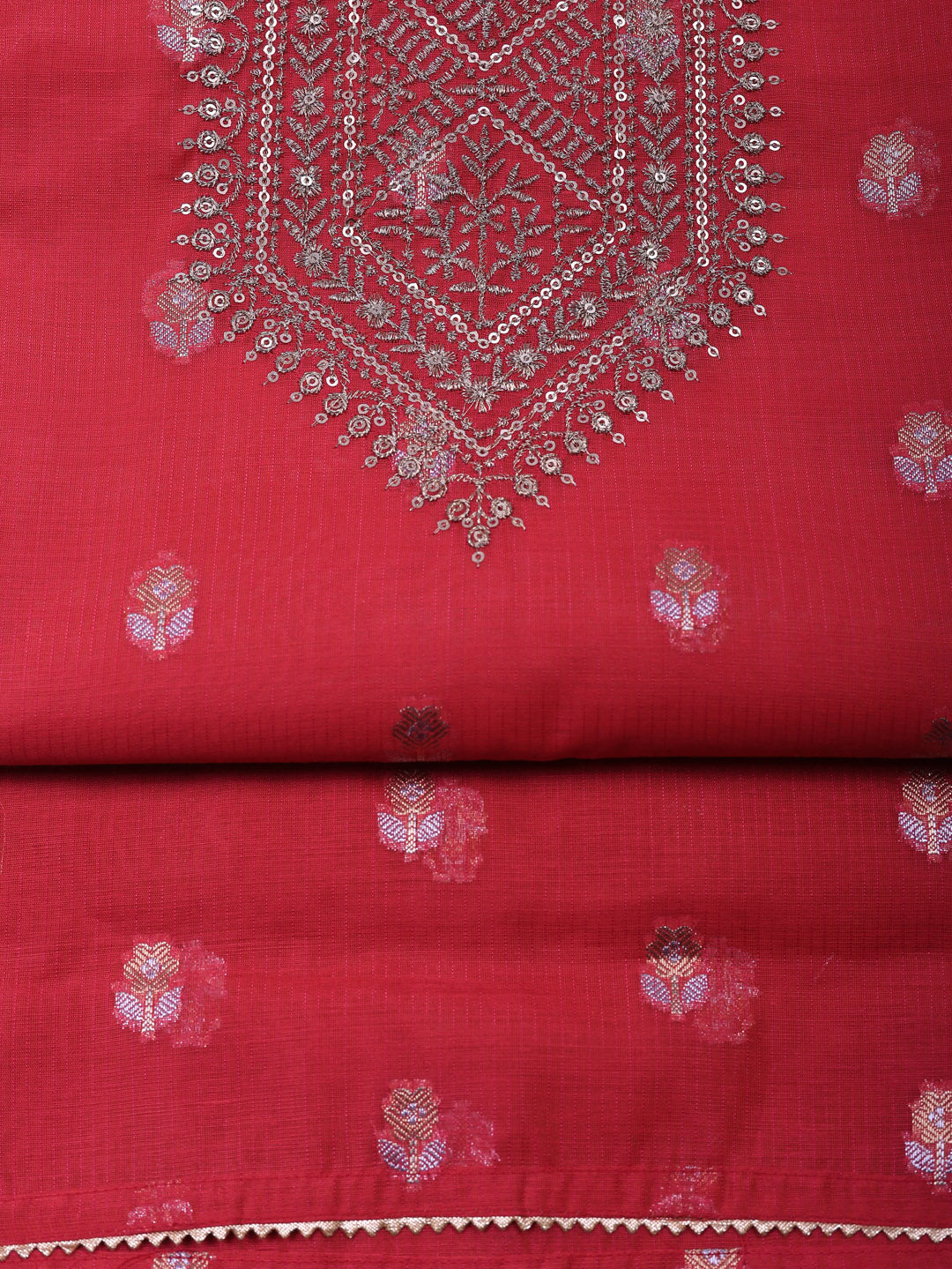 Embroidered Chanderi Unstitched Suit With Pant &amp; Dupatta