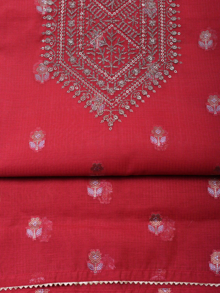 Embroidered Chanderi Unstitched Suit With Pant &amp; Dupatta