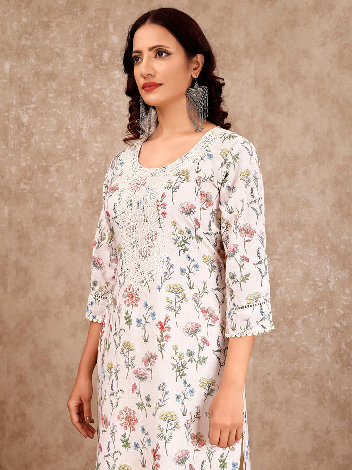 Neck Embroidery Cotton Blend Kurta With Pants &amp; Dupatta