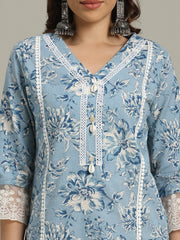 Floral Printed Cotton Blend Kurta With Pants