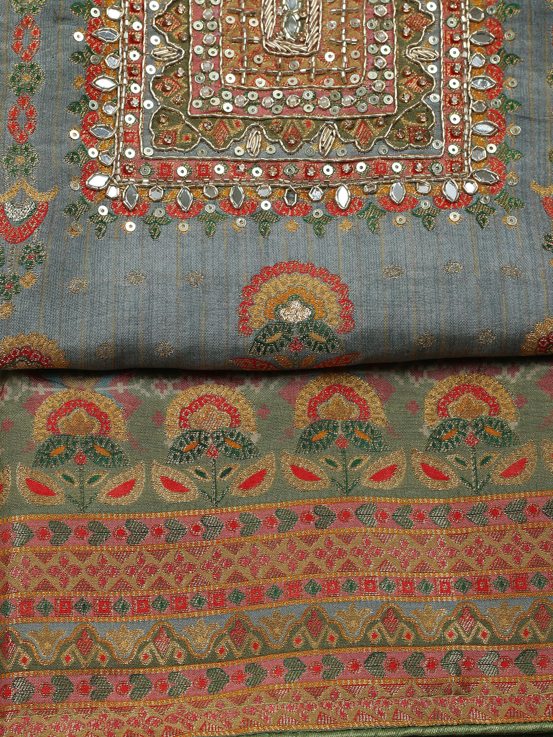 Embroidered Chanderi Unstitched Suit With Pant &amp; Dupatta