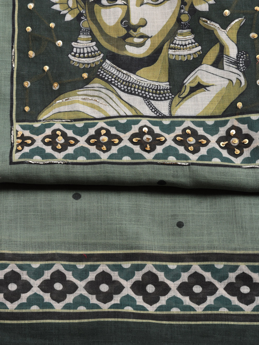 Printed Linen Blend Unstitched Suit With Pant &amp; Dupatta