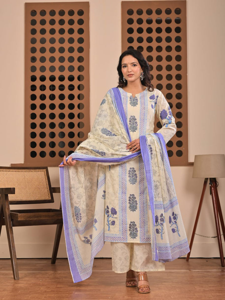 Cream Blue Cotton Blend Printed Straight Suit Set