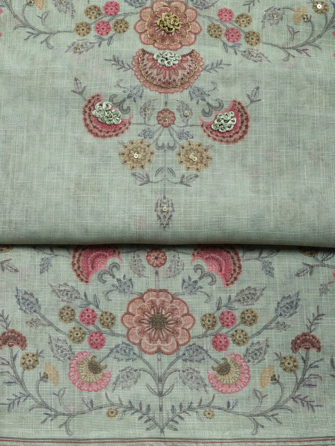 Printed Linen Blend Unstitched Suit With Pant &amp; Dupatta