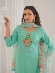 Neck Embroidery Cotton Blend Kurta With Pants & Dupatta