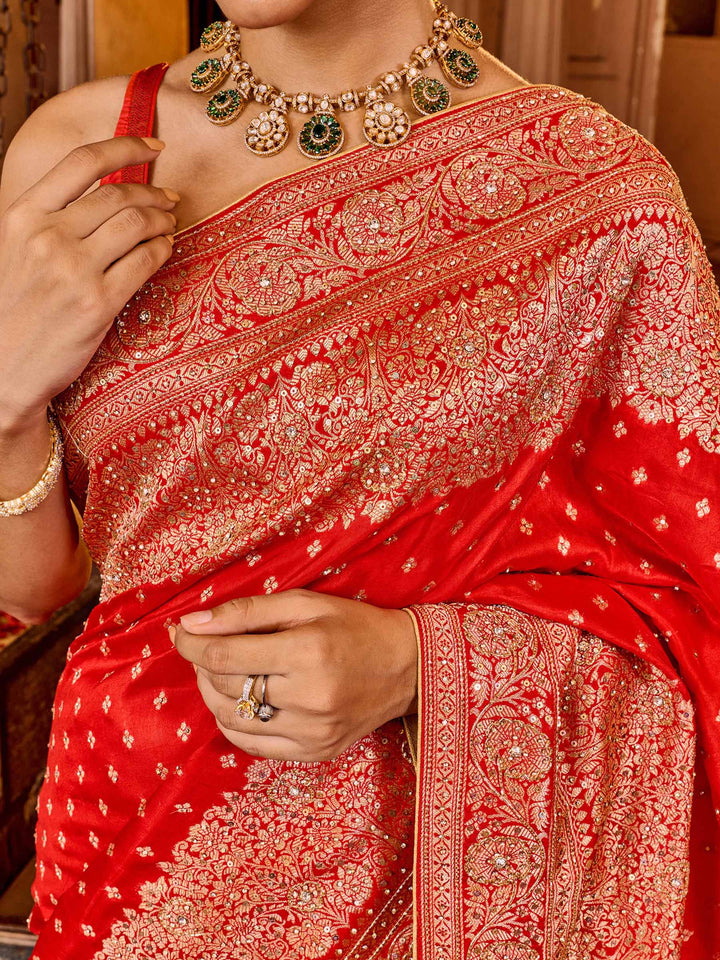 Red Embroidered Design Dola Silk Saree