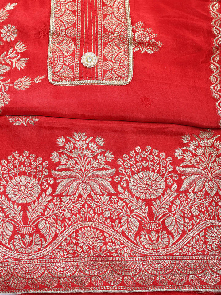 Embroidered Chanderi Unstitched Suit With Pant &amp; Dupatta