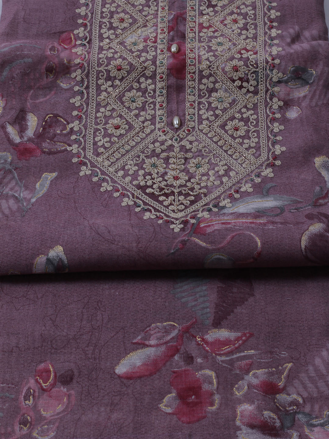 Neck Embroidered Chanderi Unstitched Suit With Dupatta