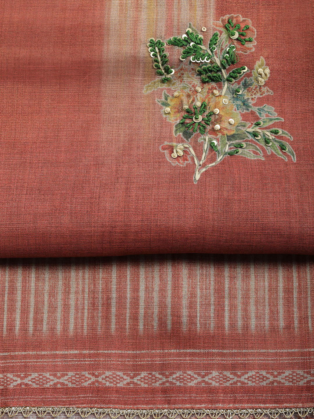 Printed Linen Blend Unstitched Suit With Pant &amp; Dupatta