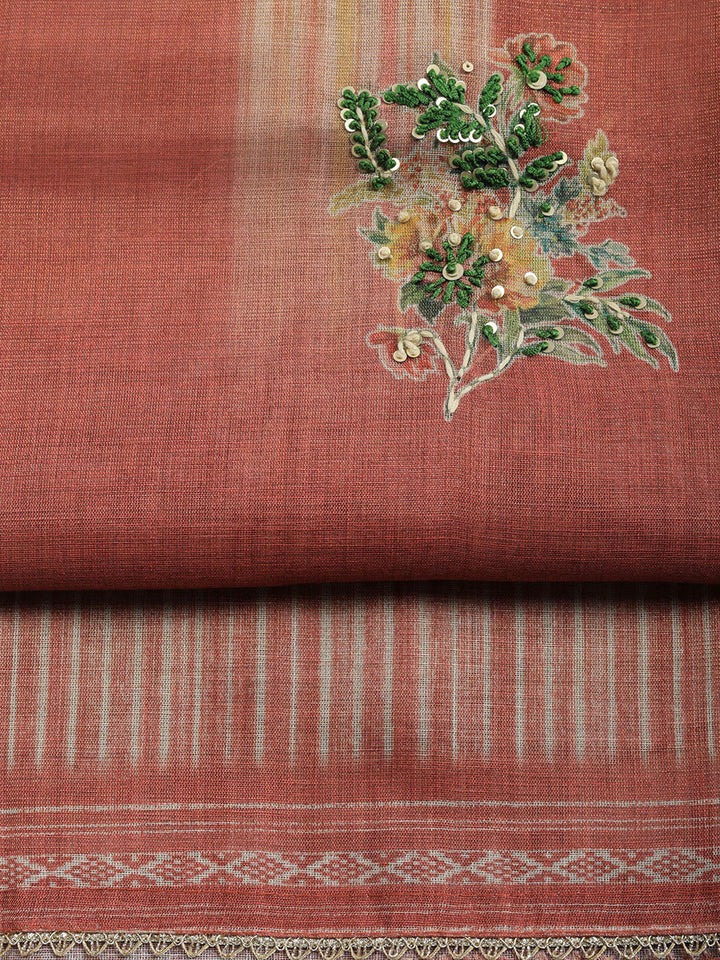 Printed Linen Blend Unstitched Suit With Pant &amp; Dupatta